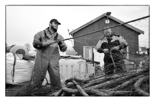 Håkon og Kristian greier garn. Dette er begynnelsen på november, og de gjør klart for å dra nordover til Skjervøy i Nord-Troms på fiske